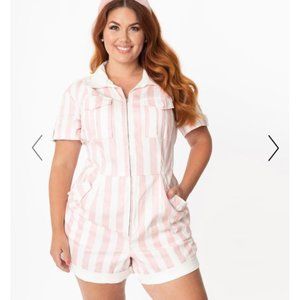 Pink & White Striped Romper - 16/XL, Unique Vintage